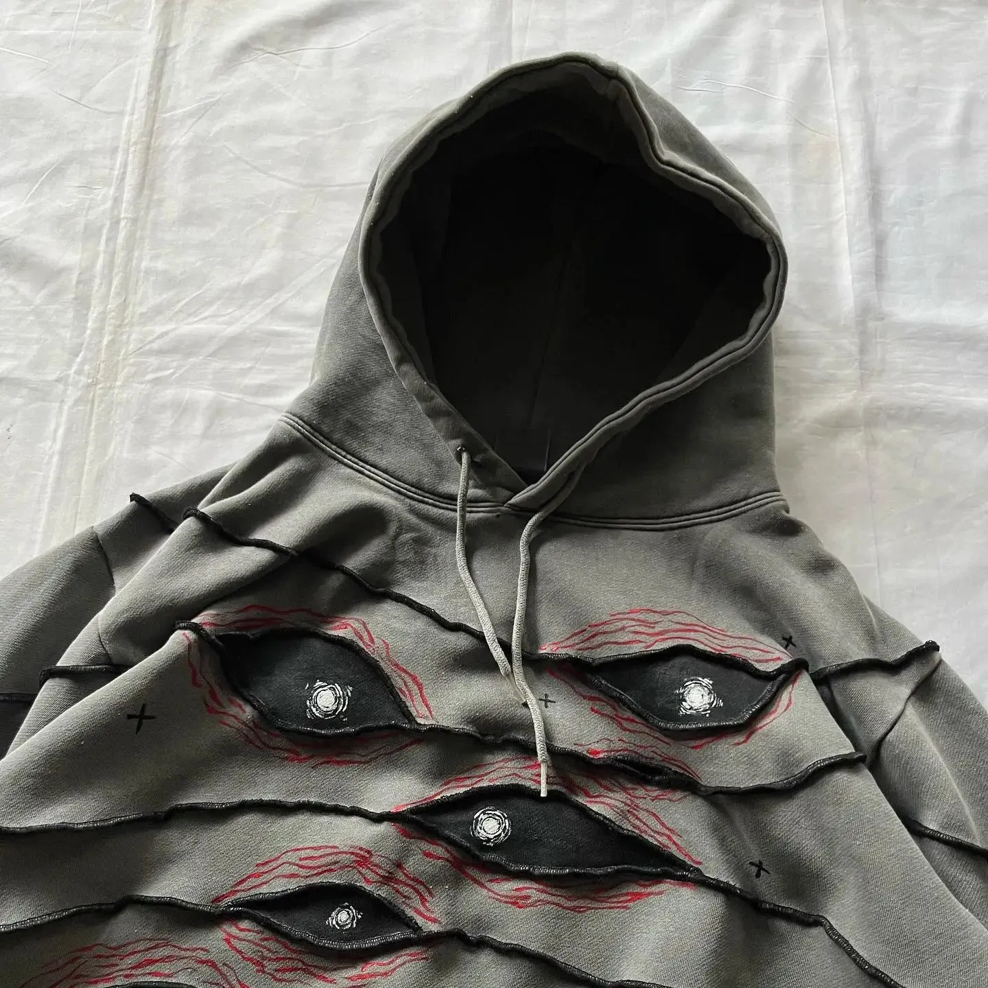 Hip Hop Gothic Retro Eye Patchwork Gray Loose Hoody