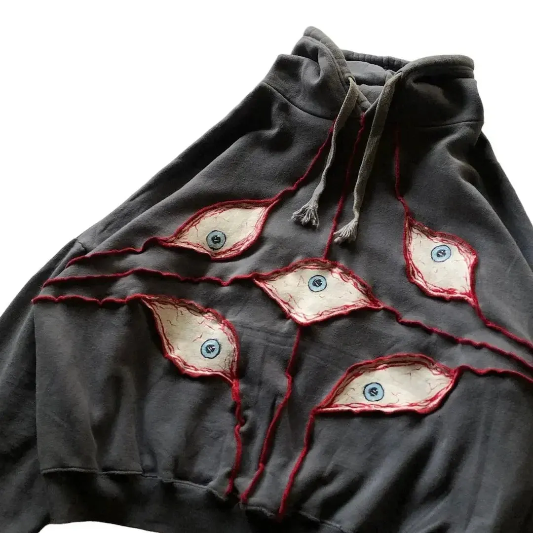 Hip Hop Gothic Retro Eye Patchwork Gray Loose Hoody