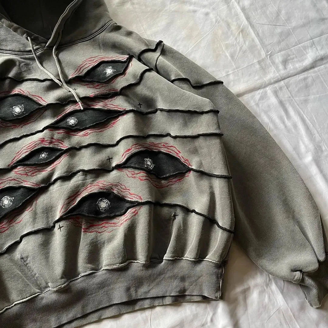 Hip Hop Gothic Retro Eye Patchwork Gray Loose Hoody