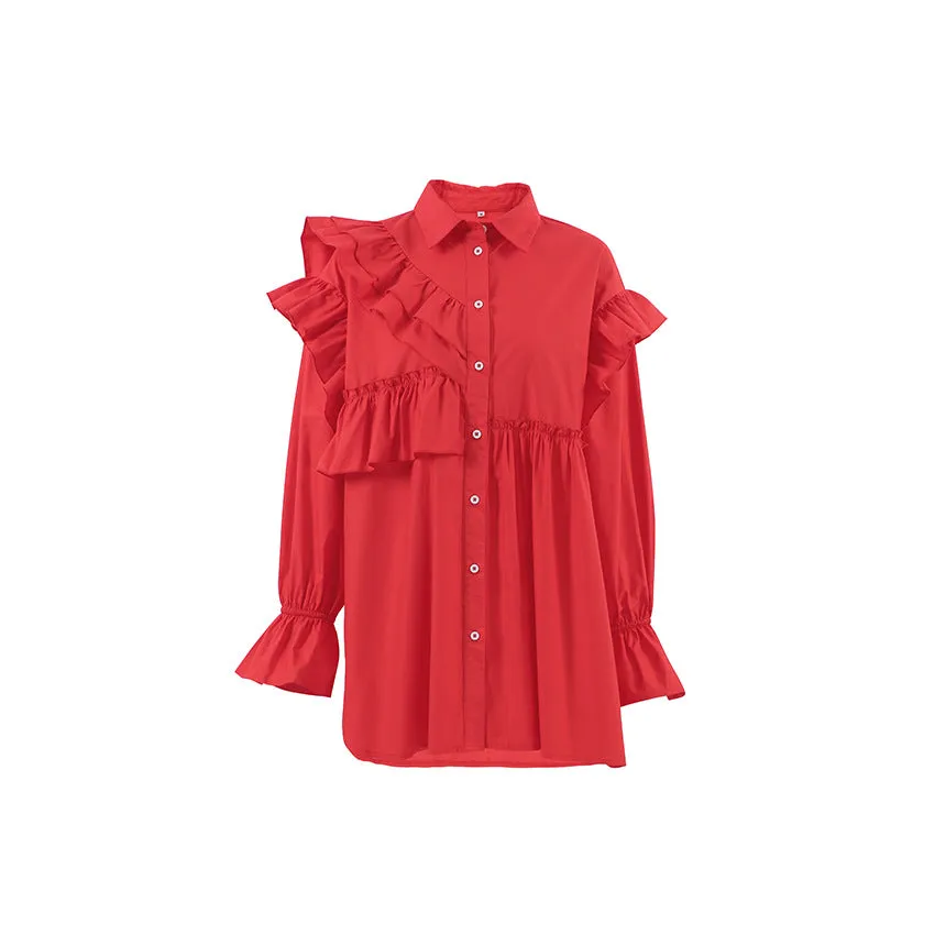 Women's Red Cotton Long Sleeve Ruffle Shirt with Turn-down Collar