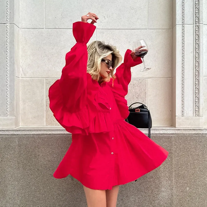 Women's Red Cotton Long Sleeve Ruffle Shirt with Turn-down Collar