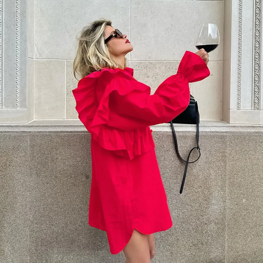 Women's Red Cotton Long Sleeve Ruffle Shirt with Turn-down Collar