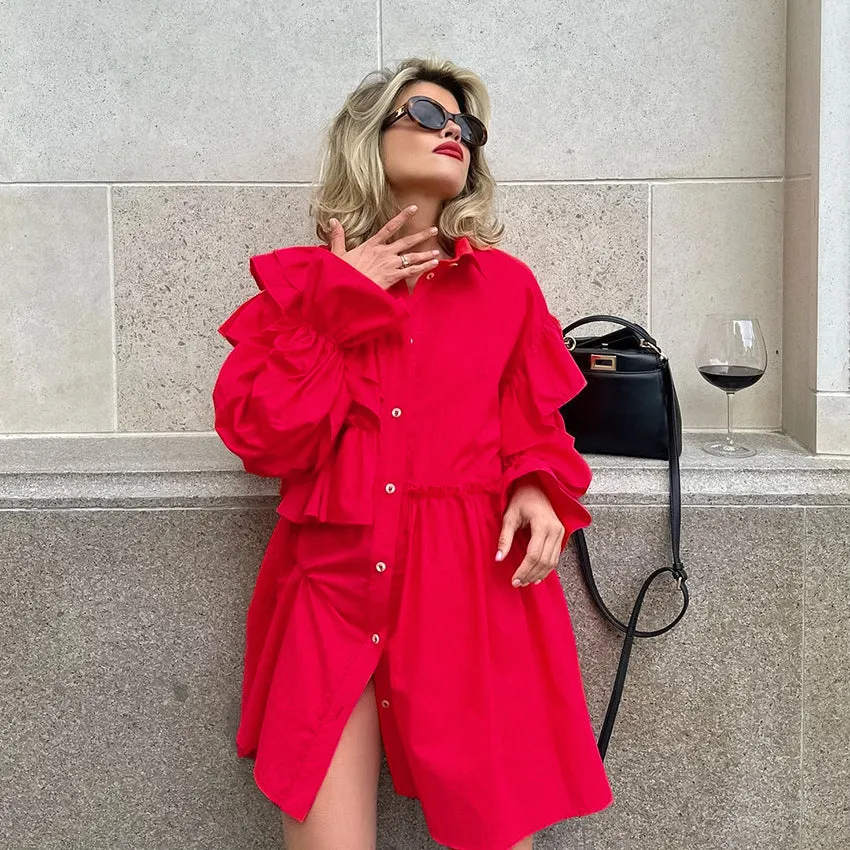 Women's Red Cotton Long Sleeve Ruffle Shirt with Turn-down Collar